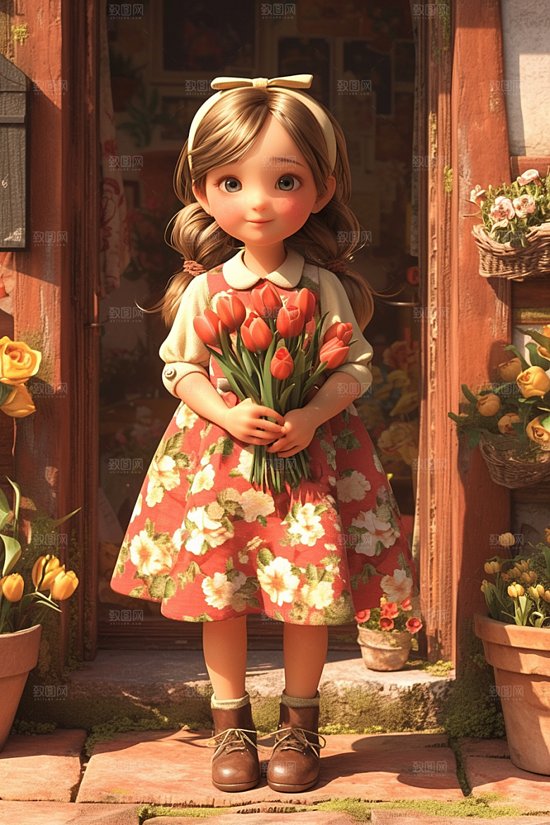 手捧鲜花的少女3D肖像素材