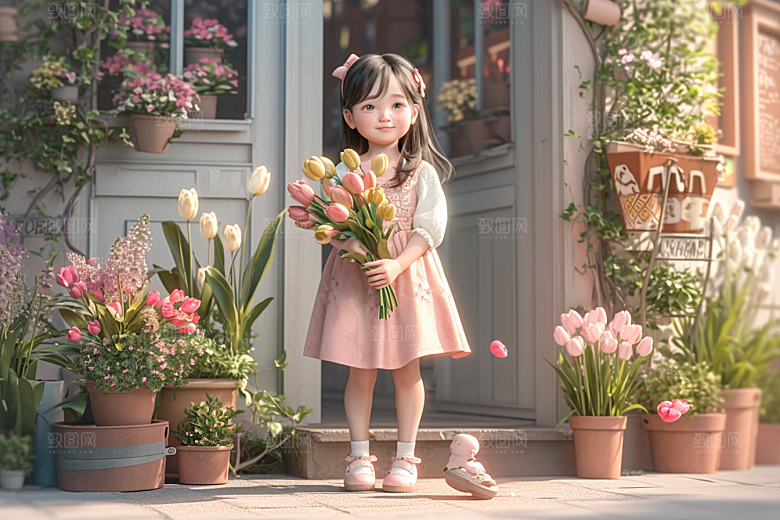 手捧鲜花的少女肖像清新素材