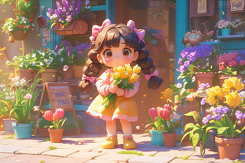 手捧鲜花的少女模型自然素材