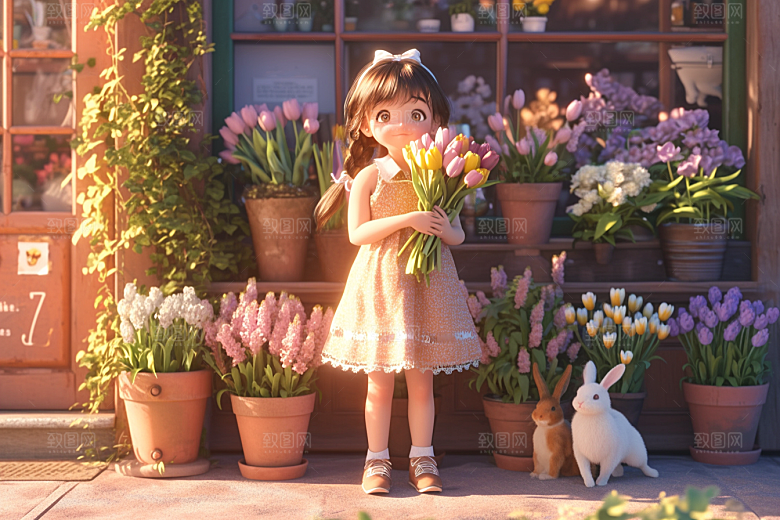 手捧鲜花的少女春天3D素材