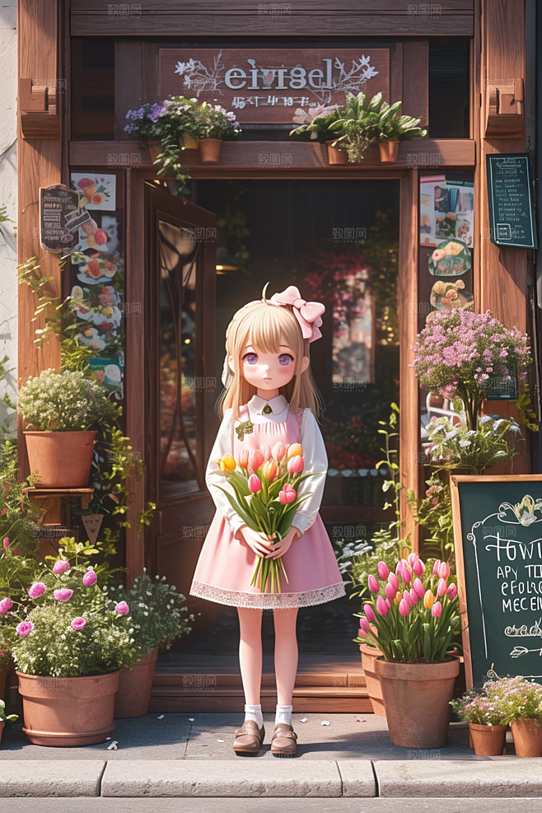 手捧鲜花的少女青春烂漫素材