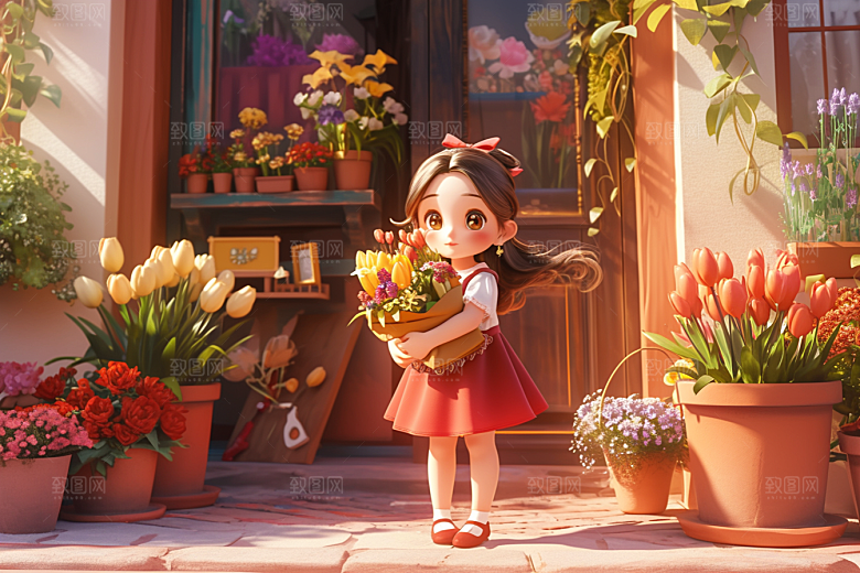 手捧鲜花的少女人物模型素材