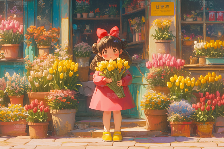 手捧鲜花的少女3D花朵素材