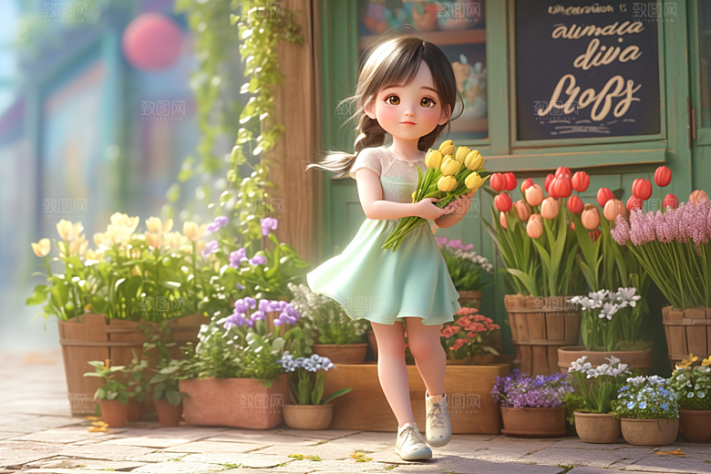 手捧鲜花的少女青春3D素材