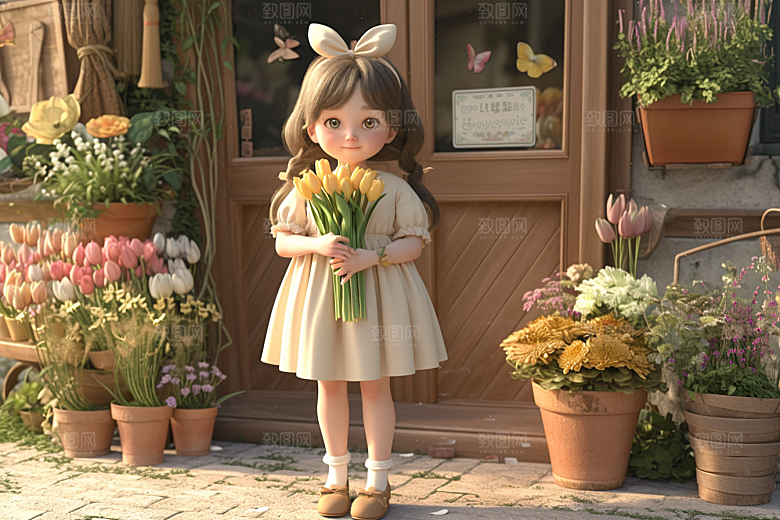 手捧鲜花的少女3D清新素材