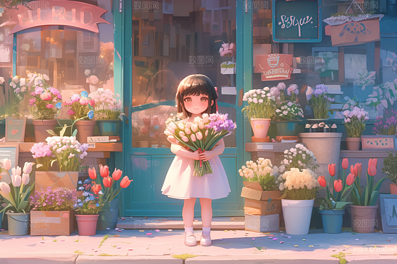 手捧鲜花的少女自然梦幻素材