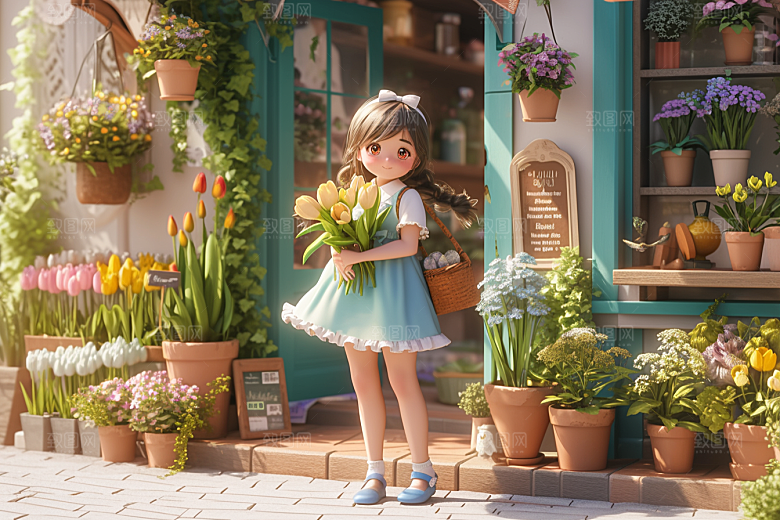 手捧鲜花的少女自然清新素材