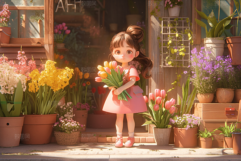 手捧鲜花的少女模型唯美素材