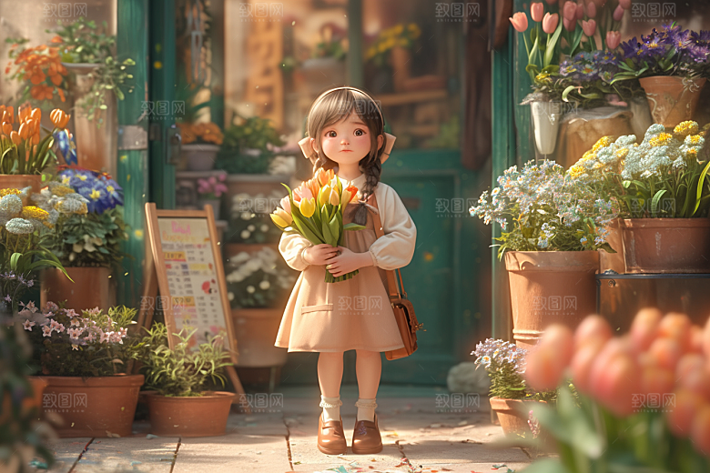 手捧鲜花的少女花朵3D素材