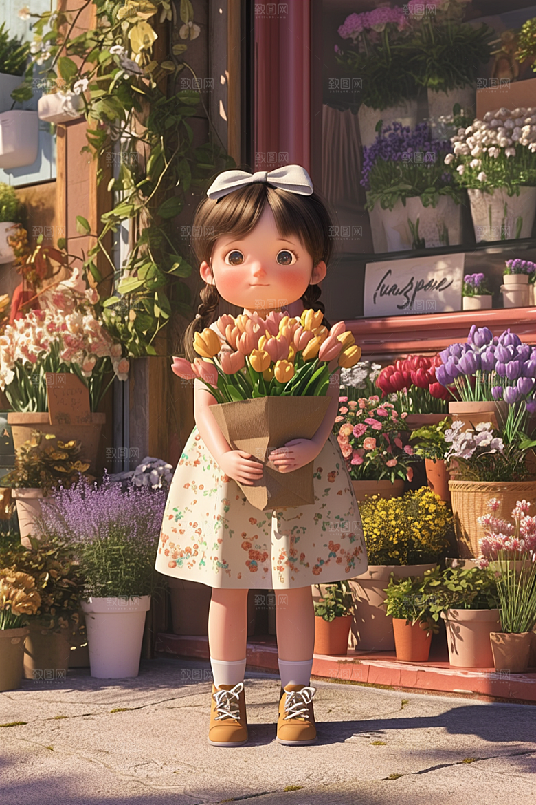 手捧鲜花的少女自然梦幻素材