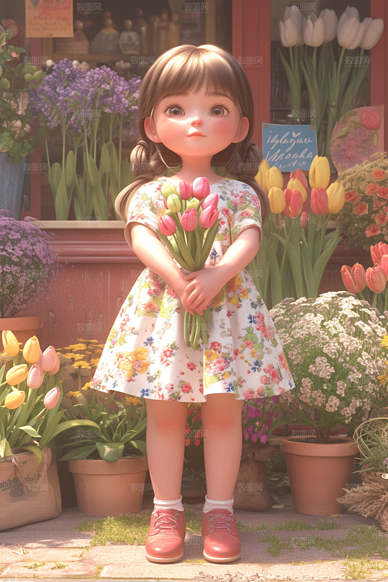手捧鲜花的少女梦幻模型素材
