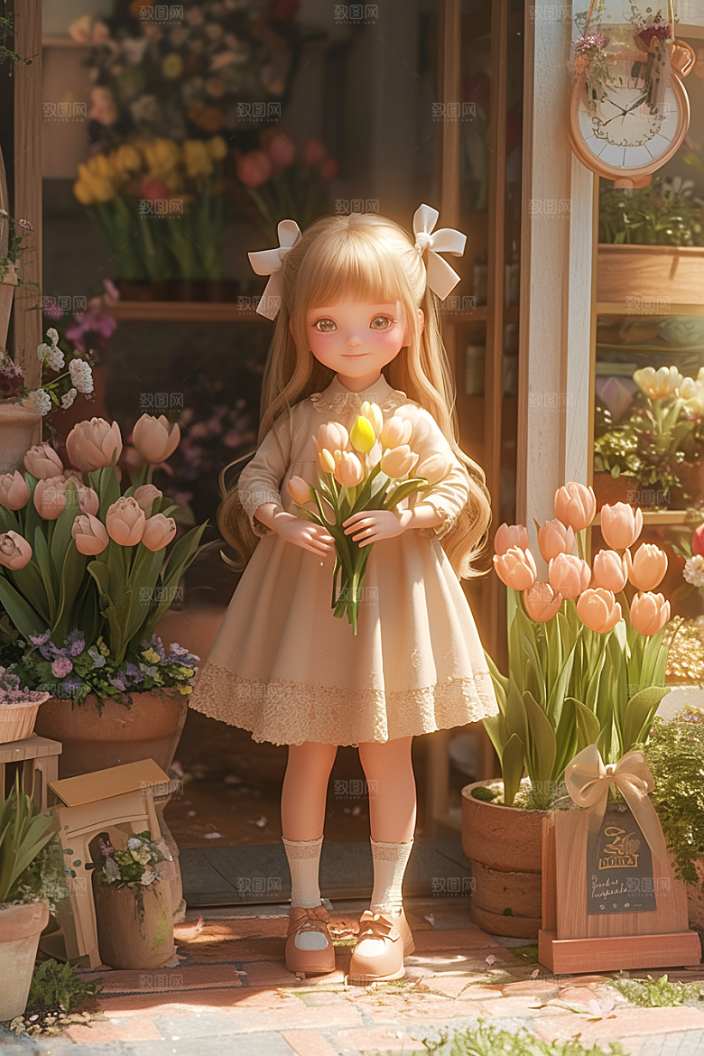 手捧鲜花的少女唯美自然素材