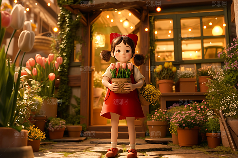 手捧鲜花的少女唯美青春素材