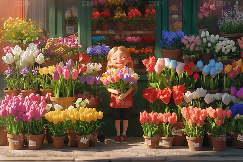 手捧鲜花的少女清新3D素材