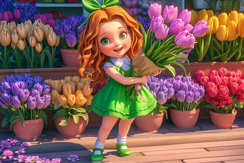 手捧鲜花的少女清新3D素材