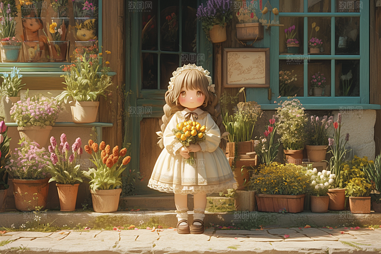 手捧鲜花的少女春天烂漫素材