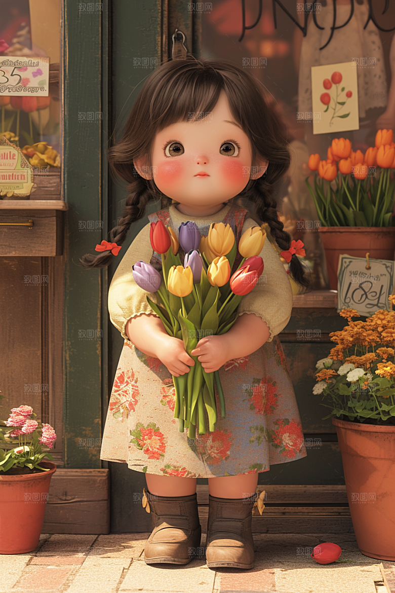 手捧鲜花的少女春天花朵素材