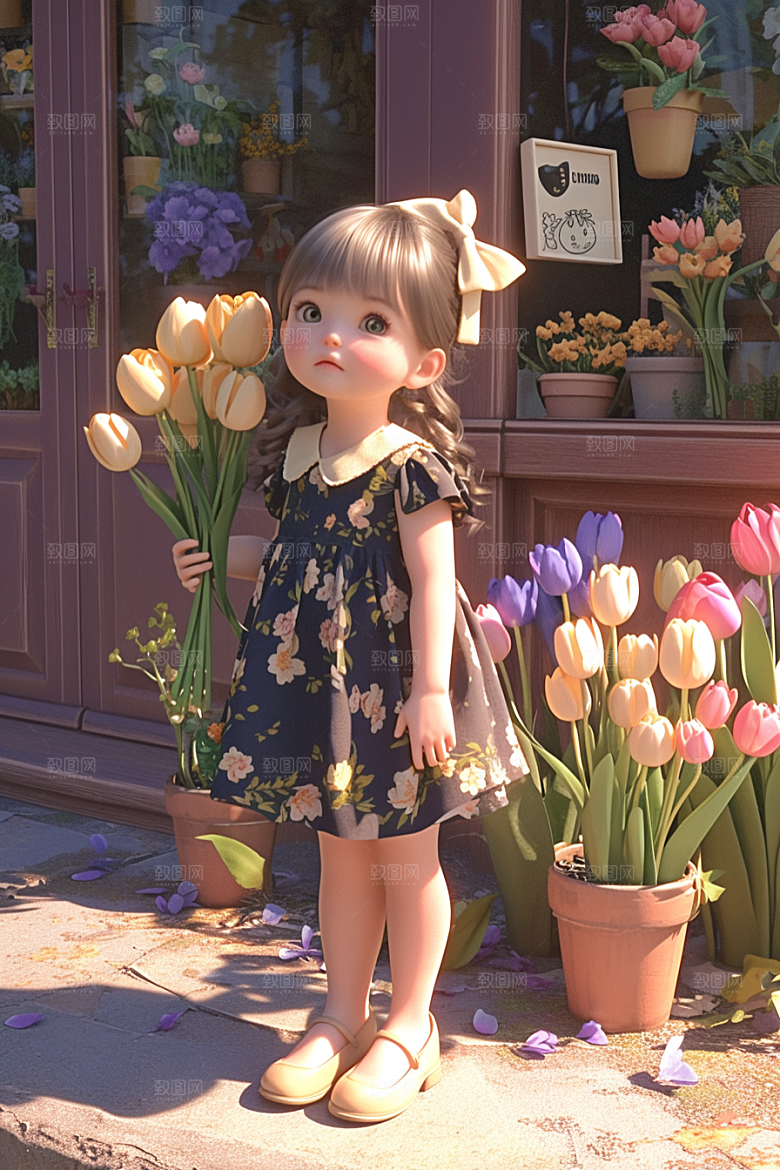 手捧鲜花的少女3D烂漫素材