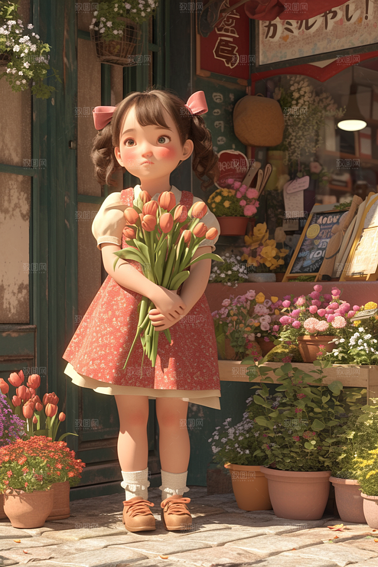 手捧鲜花的少女模型梦幻素材