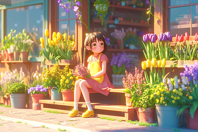 手捧鲜花的少女清新自然素材