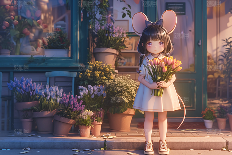 手捧鲜花的少女青春春天素材