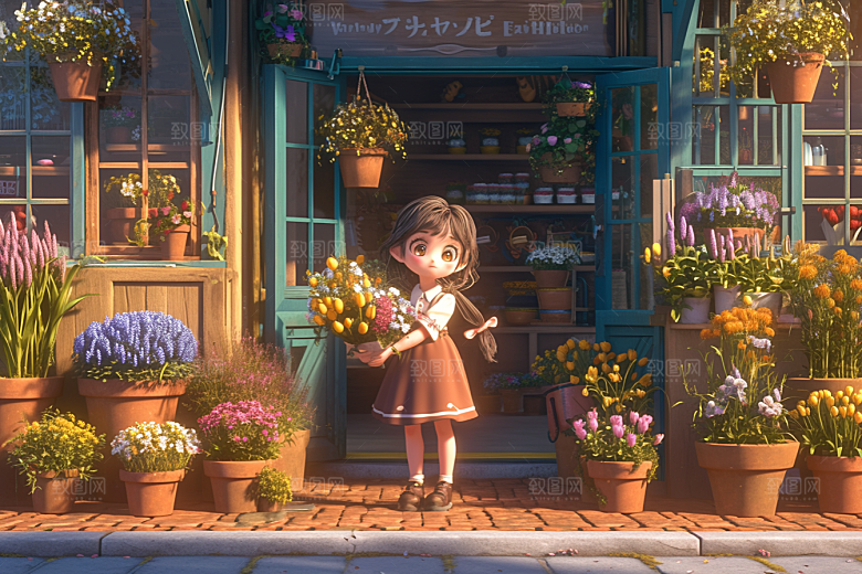 手捧鲜花的少女肖像春天素材