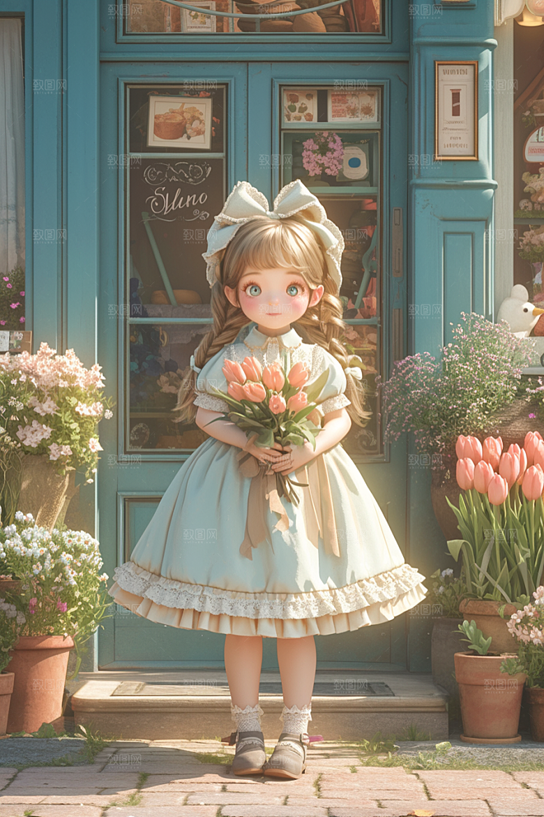 手捧鲜花的少女春天青春素材