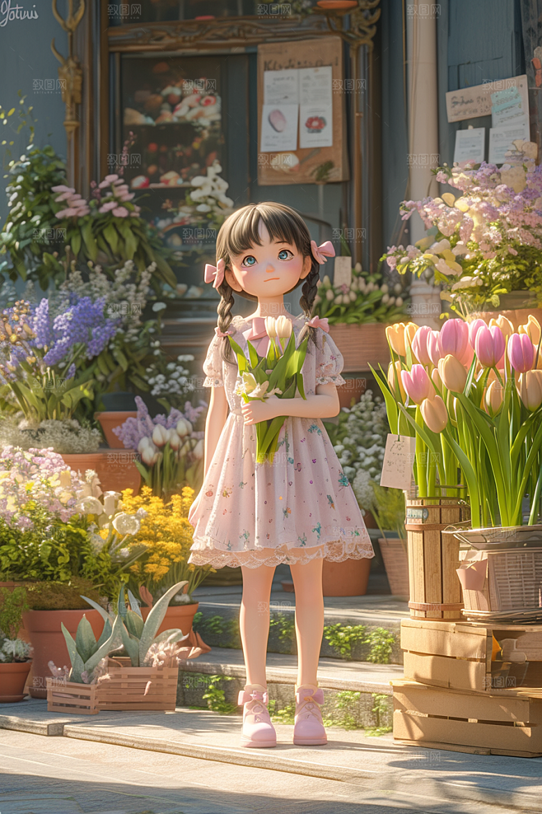 手捧鲜花的少女肖像青春素材