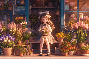 手捧鲜花的少女3D花朵素材