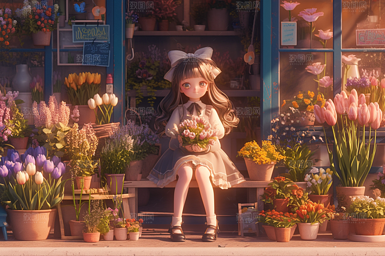 手捧鲜花的少女3D花朵素材