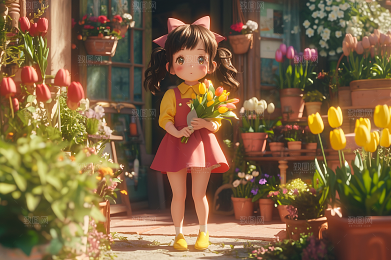 手捧鲜花的少女梦幻清新素材
