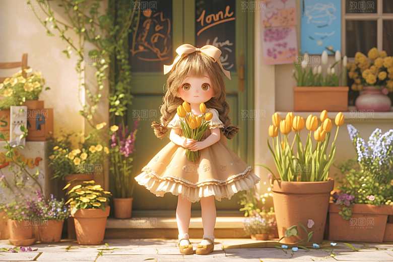 手捧鲜花的少女肖像自然素材