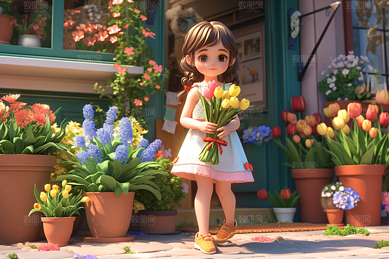 手捧鲜花的少女3D青春素材