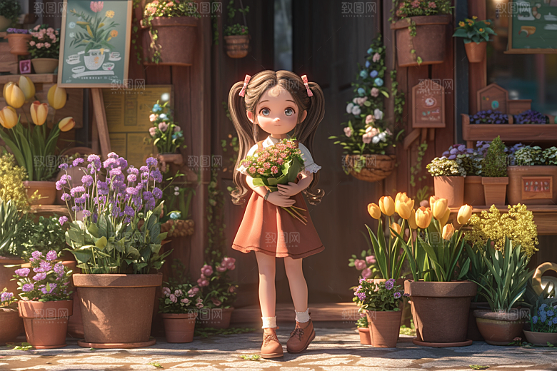手捧鲜花的少女唯美肖像素材