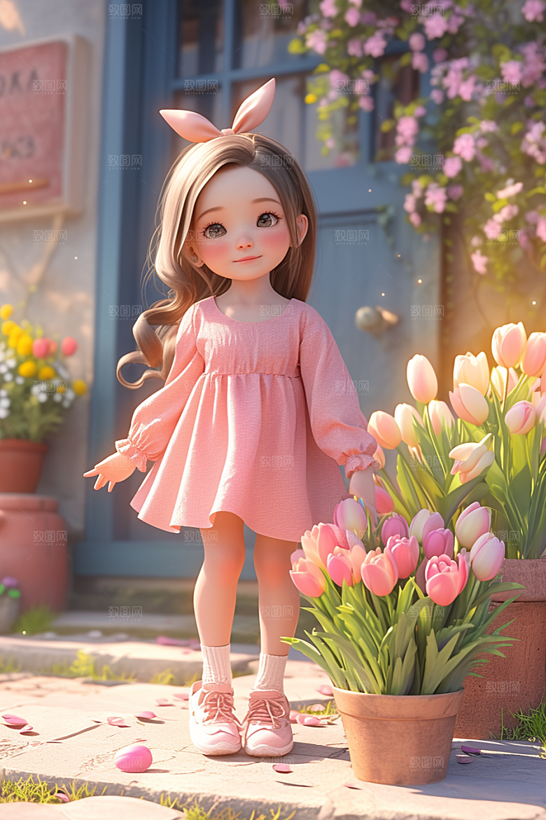 手捧鲜花的少女梦幻3D素材