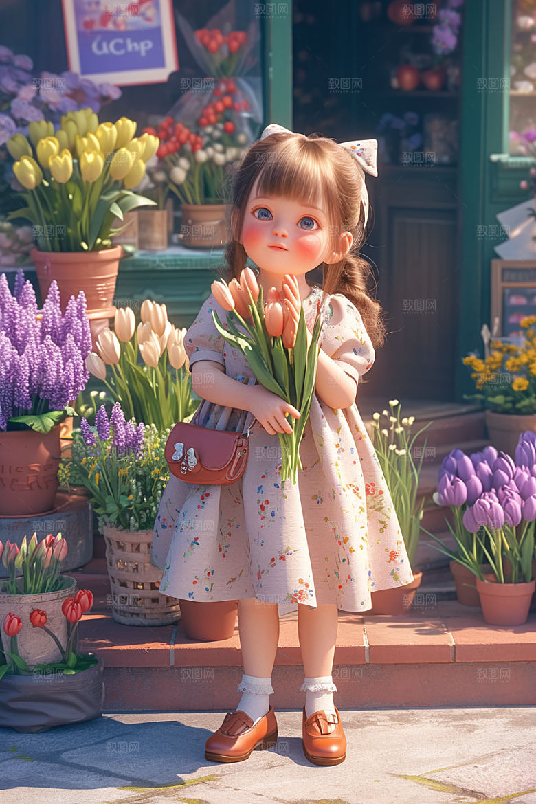 手捧鲜花的少女飞舞的裙摆3D素材