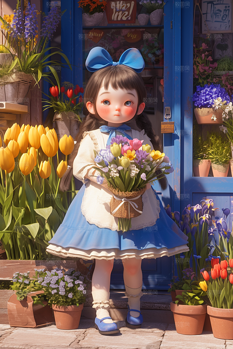 手捧鲜花的少女肖像自然素材