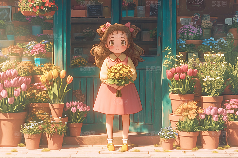 手捧鲜花的少女立体青春素材
