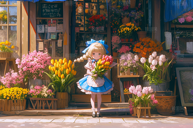 手捧鲜花的少女唯美青春素材