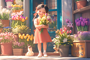 手捧鲜花的少女人物花朵素材
