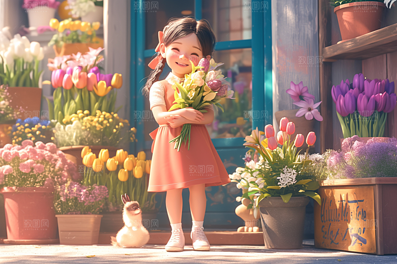 手捧鲜花的少女人物花朵素材