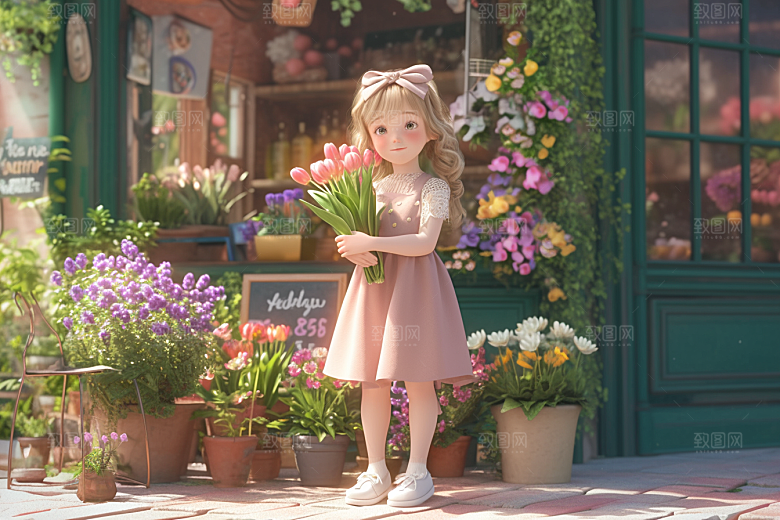 手捧鲜花的少女3D花朵素材