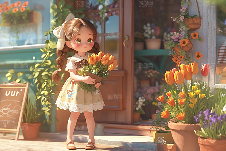 手捧鲜花的少女唯美清新素材