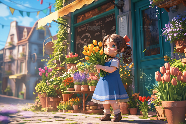 手捧鲜花的少女3D模型素材