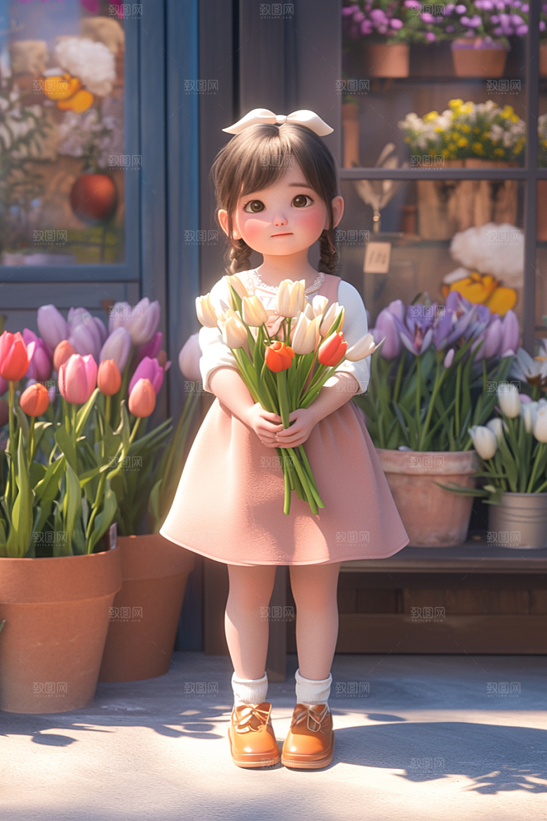 手捧鲜花的少女3D立体素材