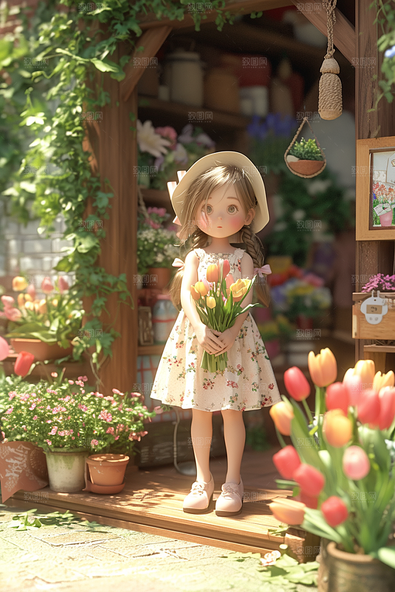 手捧鲜花的少女模型梦幻素材