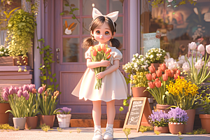 手捧鲜花的少女立体肖像素材