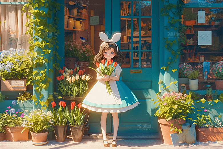 手捧鲜花的少女自然3D素材