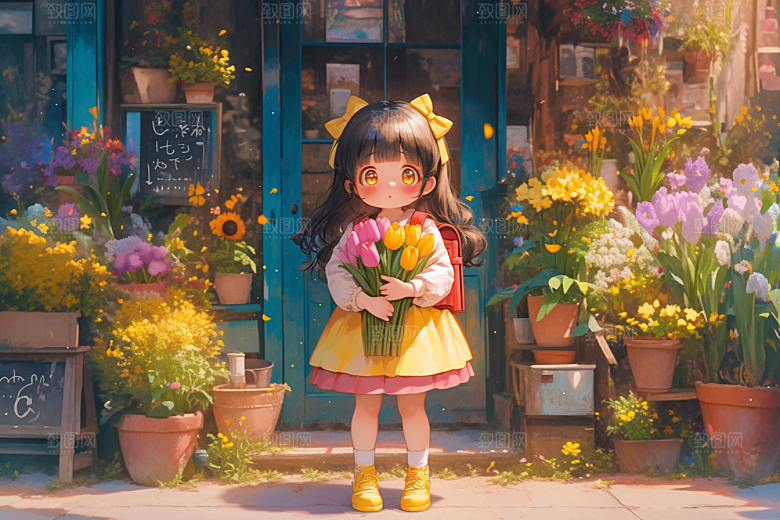 手捧鲜花的少女清新唯美素材