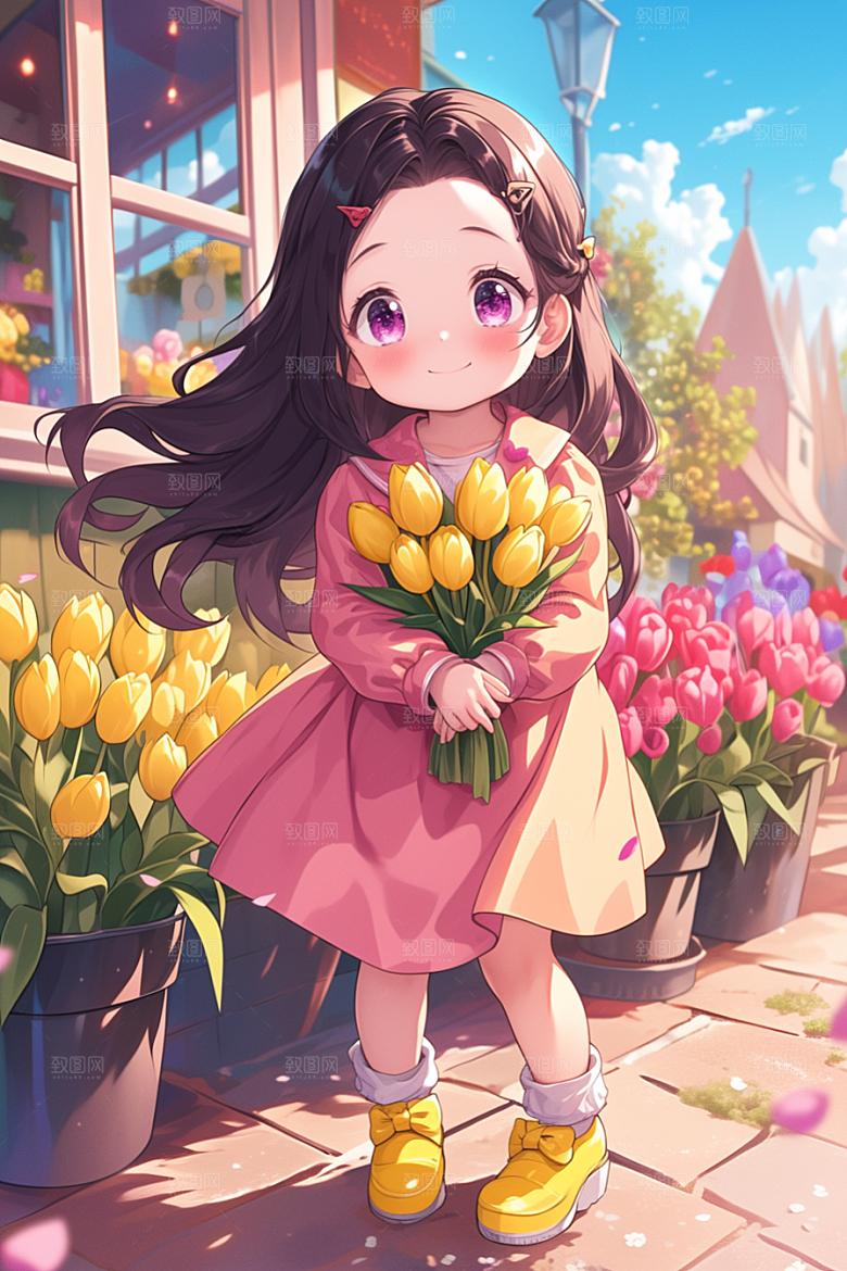 手捧鲜花的少女青春春天素材
